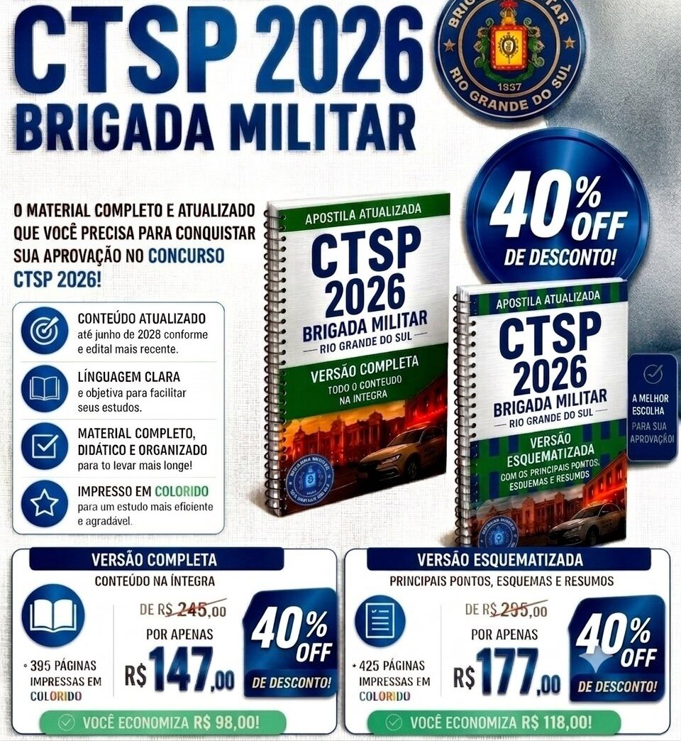 Lançamento: novas apostilas CTSP e CBA Polícia Militar RS - 2026/2027 - lote promocional