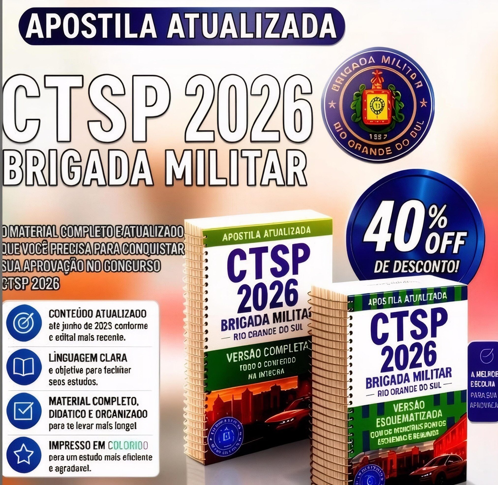 Lançamento: novas apostilas CTSP e CBA Polícia Militar RS - 2026/2027 - lote promocional
