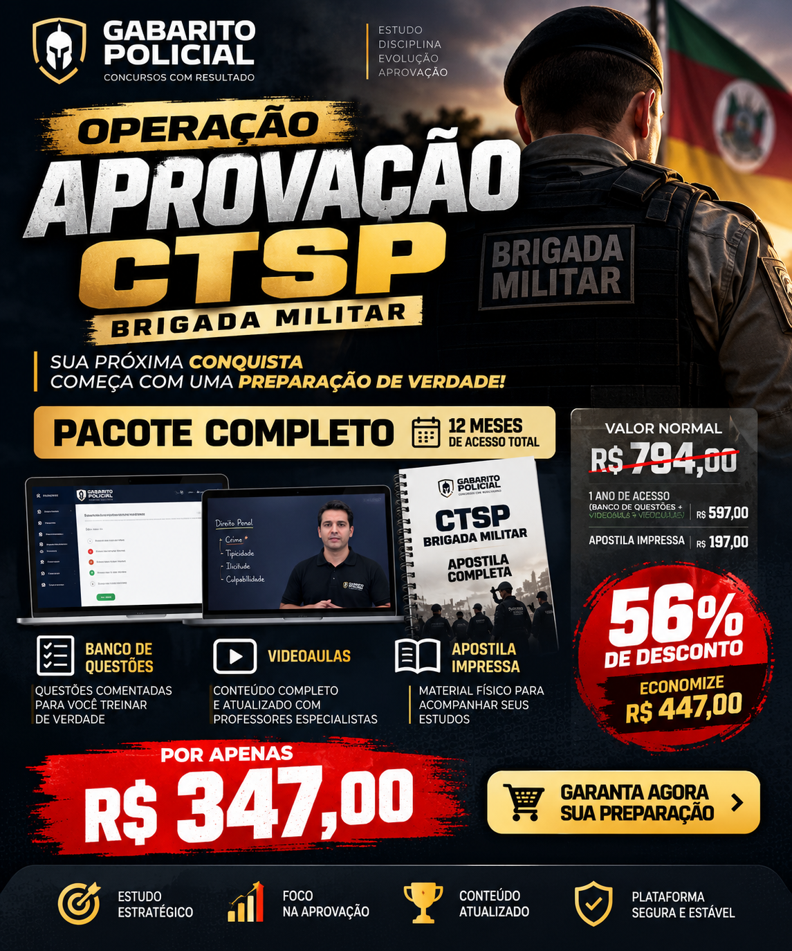 COMBO 1 ANO - Gabarito Policial CSTP/CBA Brigada Militar/Bombeiros + Apostila